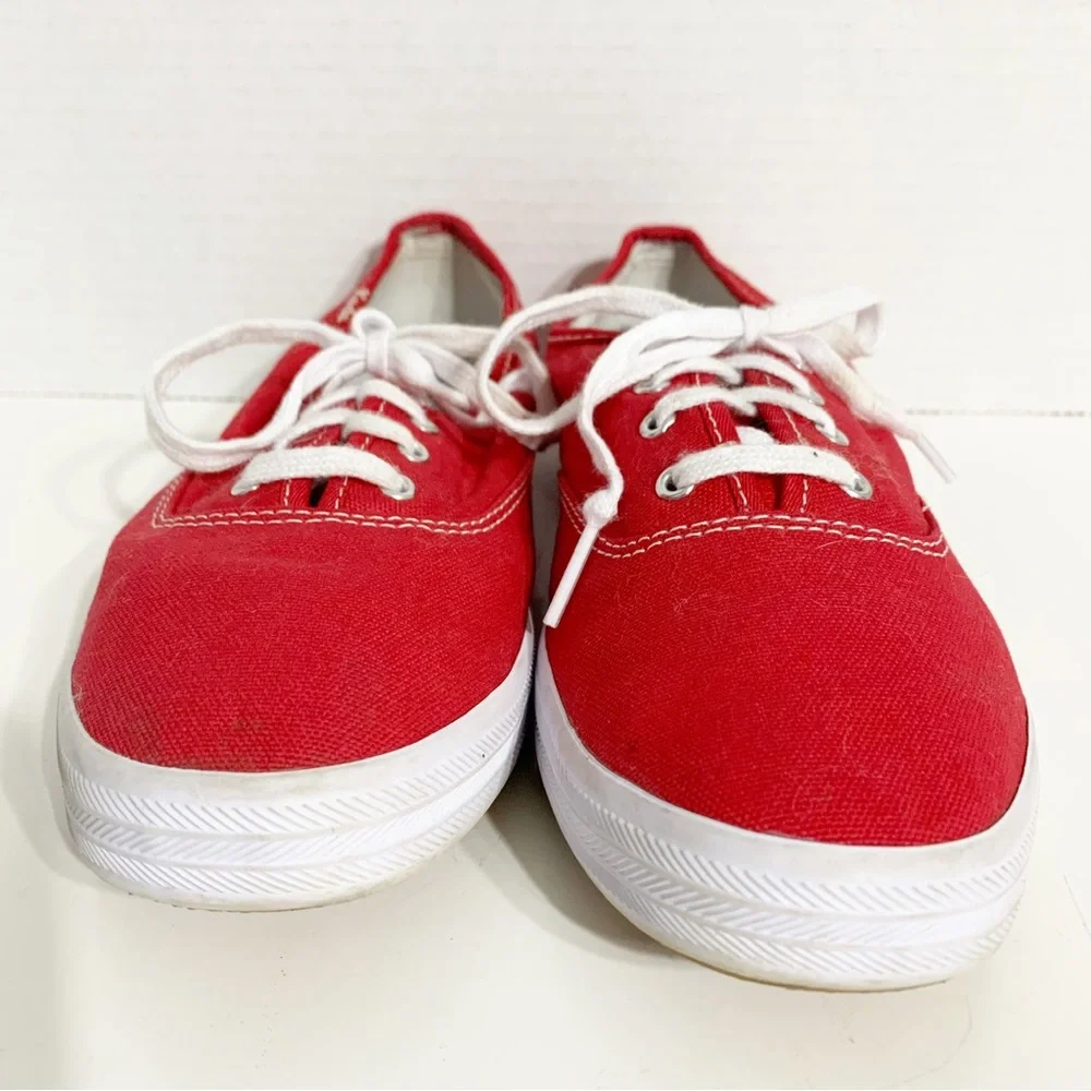 Keds Classic Champion Canvas Lace Up Sneakers White Outsoles and Soles Red 🟥
